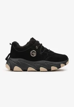 Czarne Sneakersy na Platformie z Metaliczną Ozdobą i Geometrycznym Motywem Delasiel