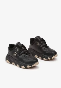 Czarne Sneakersy na Platformie Ozdobione Metaliczną Aplikacją z Ociepleniem Delanirae