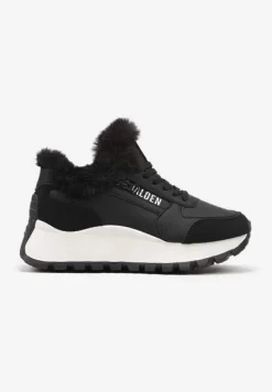 Czarne Sneakersy na Platformie z Napisem Sznurowaniem i Futerkiem Vazina