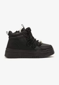 Czarne Sneakersy na Platformie z Wysoką Cholewką Futerkiem i Sznurowaniem Tamrion