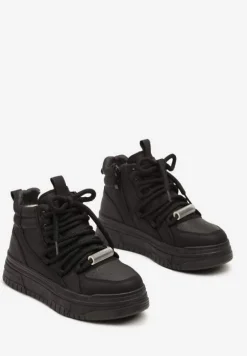 Czarne Sneakersy na Platformie z Wysoką Cholewką Futerkiem i Sznurowaniem Tamrion