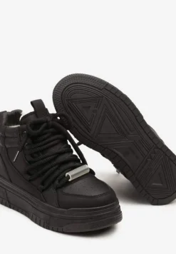 Czarne Sneakersy na Platformie z Wysoką Cholewką Futerkiem i Sznurowaniem Tamrion