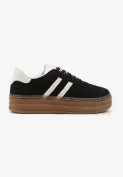 Czarne Sneakersy na Tłoczonej Platformie Ozdobione Paskami Felainora