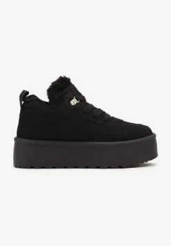 Czarne Sneakersy Stylizowane na Śniegowce Ozdobione Futerkiem Maviena