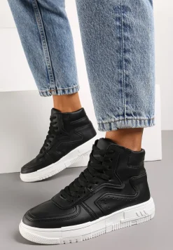 Czarne Sneakersy Sznurowane za Kostkę na Płaskiej Podeszwie Gitaria