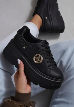 Czarne Sneakersy Vices na Platformie Ozdobione Metaliczną Aplikacją Tatellia