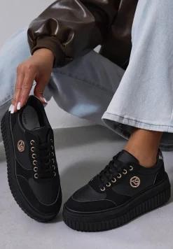 Czarne Sneakersy Vices na Platformie z Tłoczeniem Ozdobione Metaliczną Aplikacją Eriri
