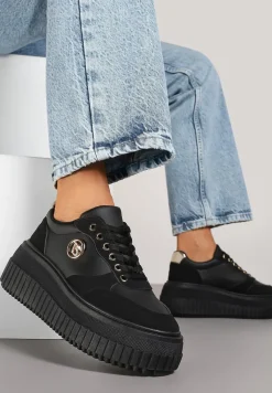 Czarne Sneakersy Vices na Platformie z Tłoczeniem Ozdobione Metaliczną Aplikacją Eriri