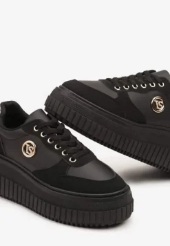 Czarne Sneakersy Vices na Platformie z Tłoczeniem Ozdobione Metaliczną Aplikacją Eriri