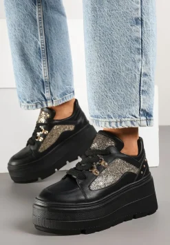 Czarne Sneakersy Vices na Platformie Ozdobione Brokatem Ldivana
