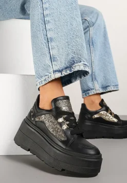 Czarne Sneakersy Vices na Platformie Ozdobione Brokatem Ldivana
