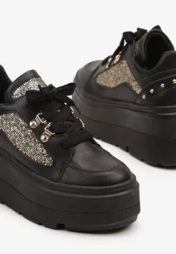 Czarne Sneakersy Vices na Platformie Ozdobione Brokatem Ldivana