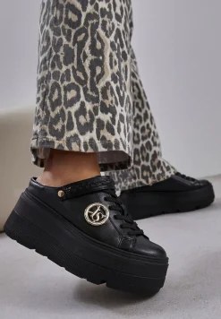 Czarne Sneakersy Vices na Platformie z Tłoczeniem Paskiem na Pięcie i Metaliczną Aplikacją Selfedi