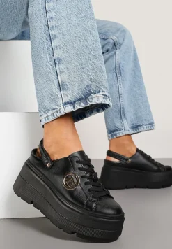Czarne Sneakersy Vices na Platformie z Tłoczeniem Paskiem na Pięcie i Metaliczną Aplikacją Selfedi
