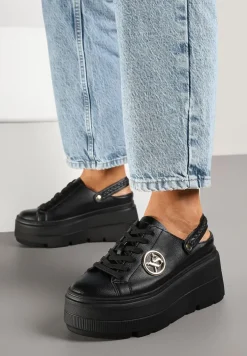Czarne Sneakersy Vices na Platformie z Tłoczeniem Paskiem na Pięcie i Metaliczną Aplikacją Selfedi