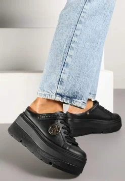 Czarne Sneakersy Vices na Platformie z Tłoczeniem Paskiem na Pięcie i Metaliczną Aplikacją Selfedi