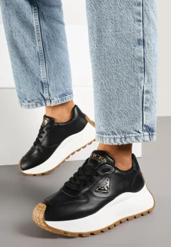 Czarne Sneakersy Vices na Platformie Ozdobione Metaliczną Aplikacją Nelviera