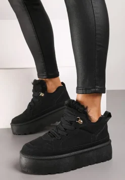 Czarne Sneakersy Vices Stylizowane na Śniegowce na Platformie Obszyte Futerkiem Naleris