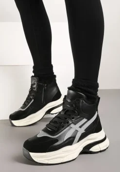 Czarne Sneakersy za Kostkę na Grubej Podeszwie Luntris