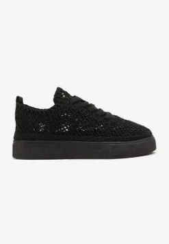 Czarne Sneakersy z Ażurowej Koronki na Grubej Podeszwie Nanessia