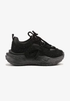 Czarne Sneakersy z Cyrkoniami i Ozdobnym Sznurowaniem Sorvea