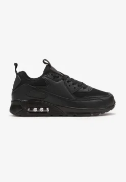 Czarne Sneakersy z Ekoskóry ze Sznurowaniami i Podeszwą Typu Air Walana