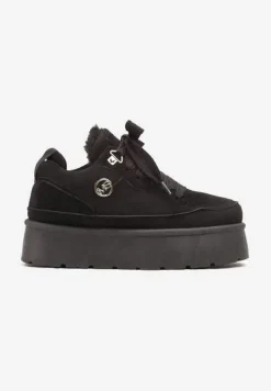 Czarne Sneakersy z Ekozamszu na Grubej Podeszwie Wyściełane Futerkiem Senavel