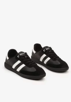 Czarne Sneakersy ze Skóry Naturalnej na Płaskiej Podeszwie Wykończone Paskami Navinda