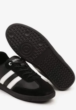Czarne Sneakersy ze Skóry Naturalnej na Płaskiej Podeszwie Wykończone Paskami Navinda