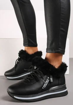 Czarne Sznurowane Botki Sneakersy z Futerkiem Gameda
