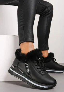 Czarne Sznurowane Botki Sneakersy z Futerkiem Gameda