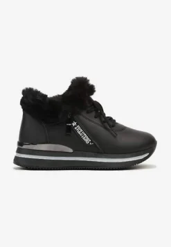 Czarne Sznurowane Botki Sneakersy z Futerkiem Gameda