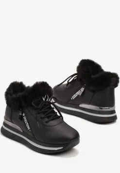 Czarne Sznurowane Botki Sneakersy z Futerkiem Gameda