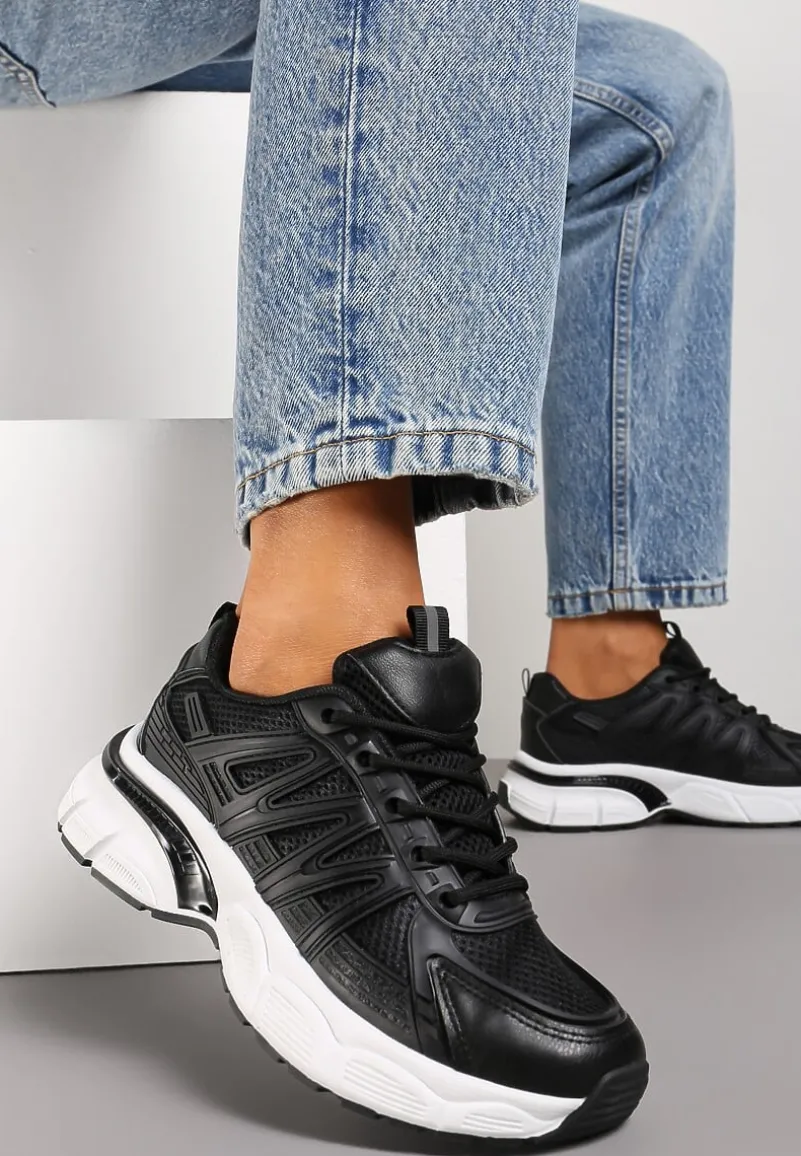 Czarne Sznurowane Sneakersy z Ekoskóry z Siateczką i Odblaskami Aeriesa