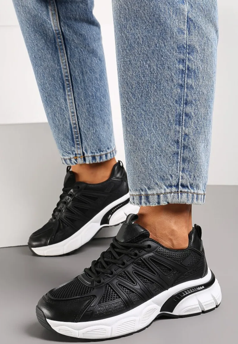Czarne Sznurowane Sneakersy z Ekoskóry z Siateczką i Odblaskami Aeriesa
