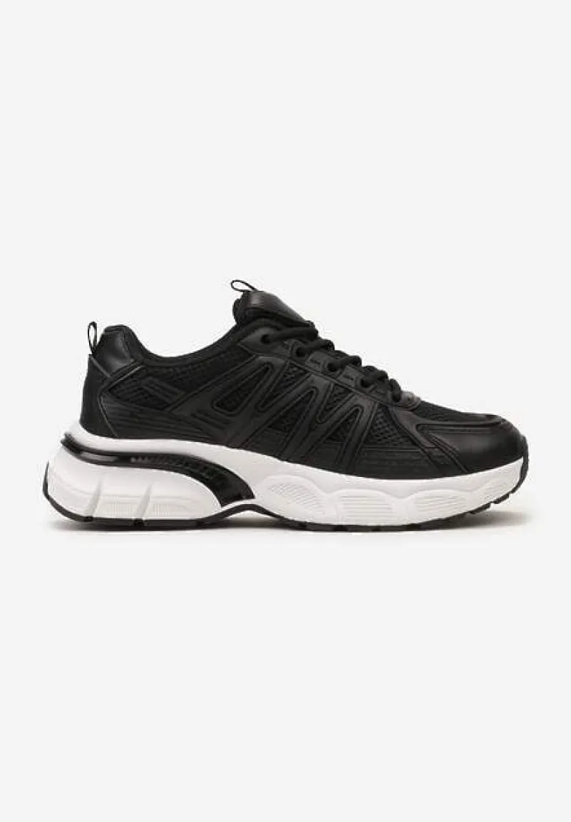 Czarne Sznurowane Sneakersy z Ekoskóry z Siateczką i Odblaskami Aeriesa