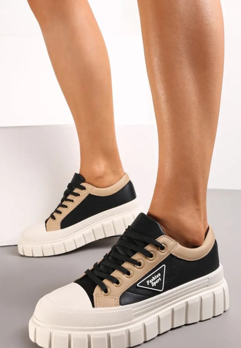 Czarne Trampki na Platformie z Przeszyciami i Sznurowaniem Anaiza