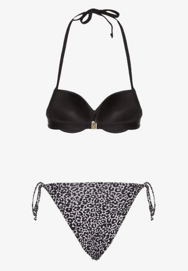 Czarne Wiązane Bikini Biustonosz Halter i Majtki Figi Savadine