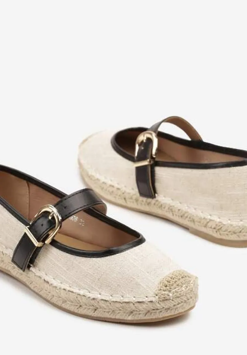 Czarno-Beżowe Espadryle na Podeszwie z Plecionki z Paskiem ze Sprzączką Ridimiria