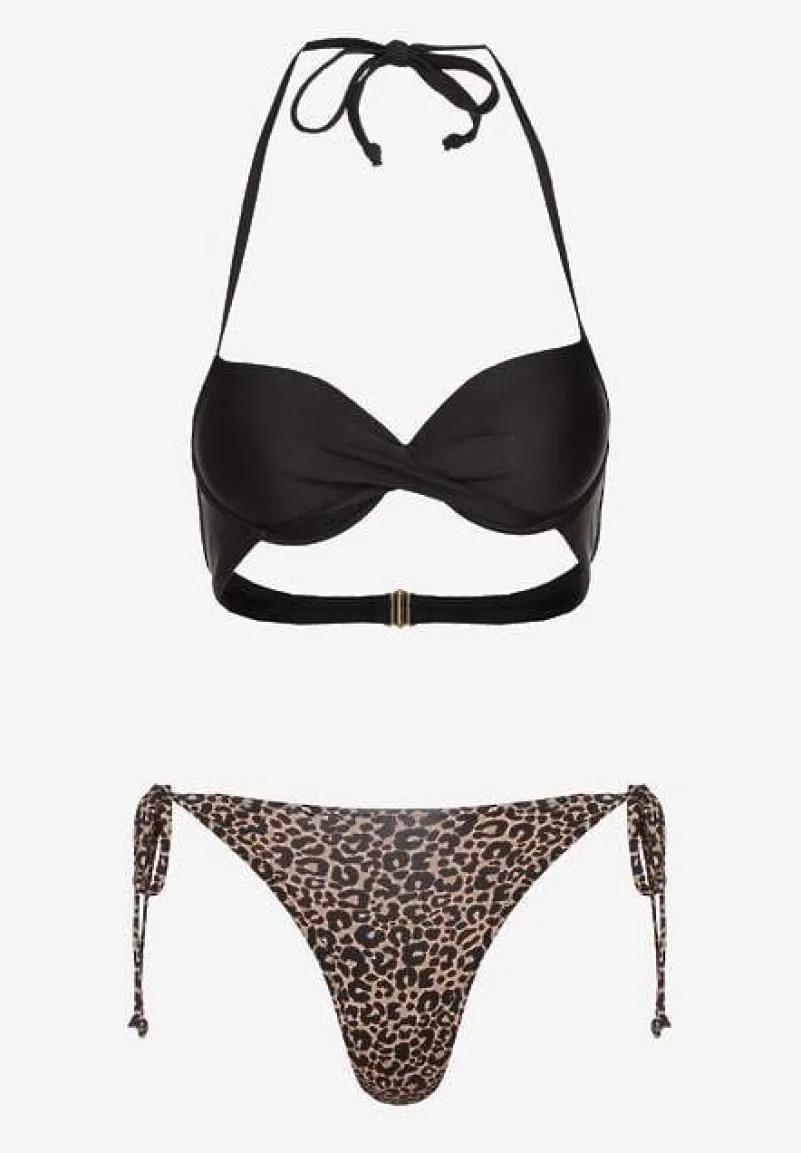 Czarno-Beżowe Wiązane Bikini Biustonosz Halter i Majtki Figi Savadine