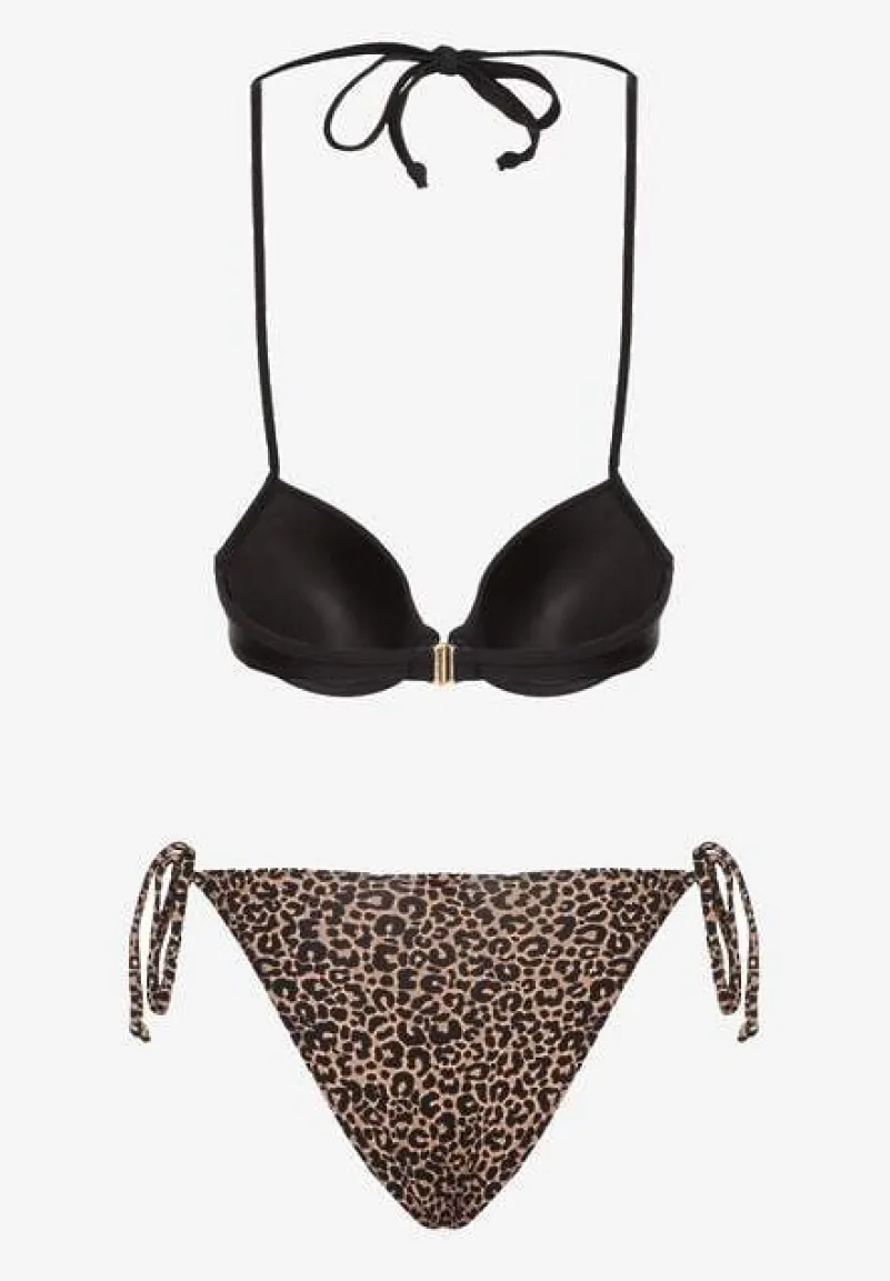 Czarno-Beżowe Wiązane Bikini Biustonosz Halter i Majtki Figi Savadine