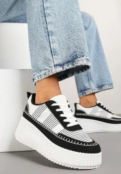 Czarno-Białe Sneakersy na Tłoczonej Platformie z Ozdobnymi Przeszyciami Faloviela