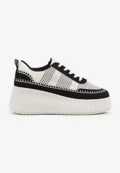 Czarno-Białe Sneakersy na Tłoczonej Platformie z Ozdobnymi Przeszyciami Faloviela