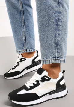 Czarno-Białe Sznurowane Sneakersy z Materiałowymi Wstawkami Aneril
