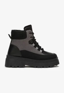 Czarno-Szare Traperki Sznurowane Trapery Janne