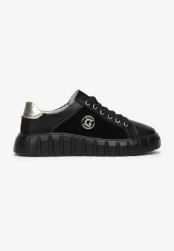 Czarno-Złote Sznurowane Sneakersy ze Skóry Breana