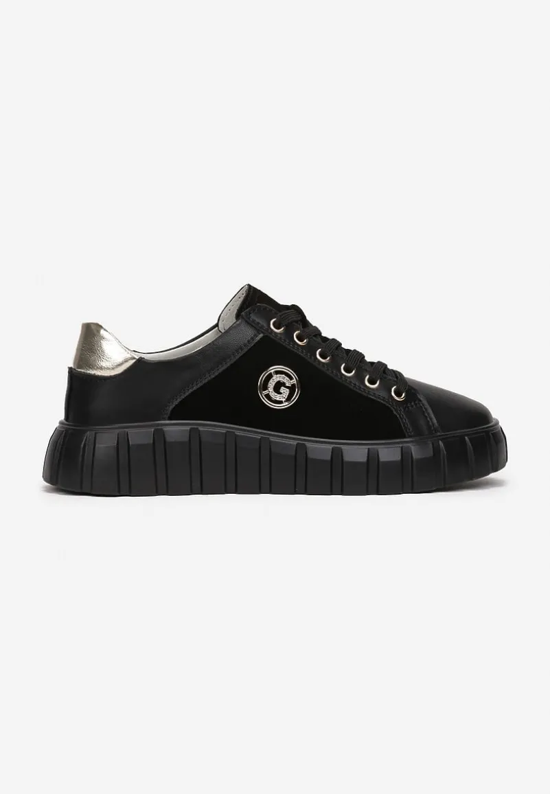 Czarno-Złote Sznurowane Sneakersy ze Skóry Breana