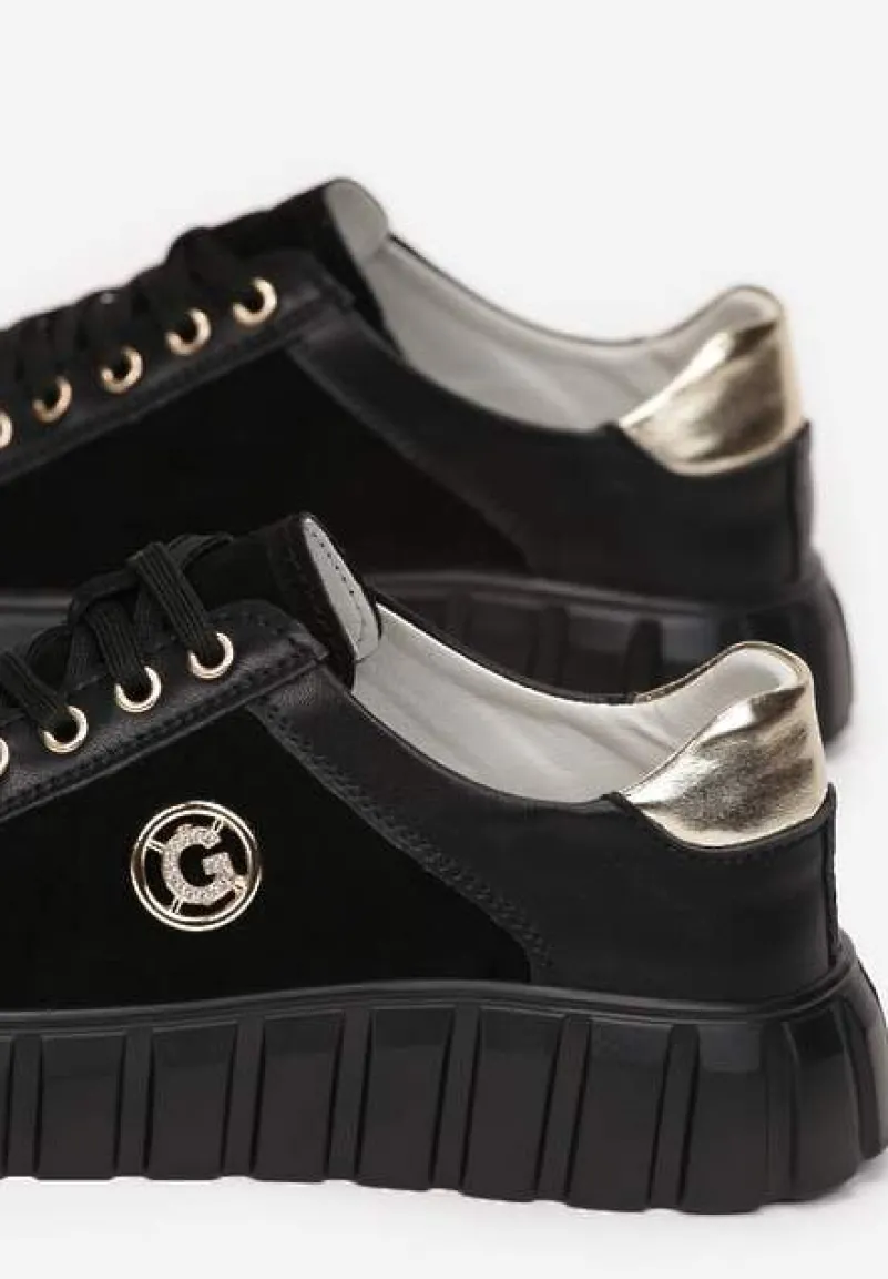 Czarno-Złote Sznurowane Sneakersy ze Skóry Breana