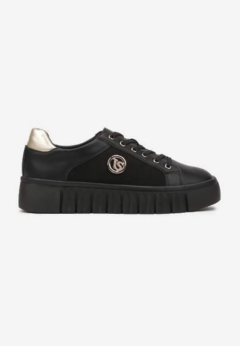 Czarno-Złote Sznurowane Sneakersy Vices na Platformie z Tłoczeniem i Metaliczną Aplikacją Lavfedi