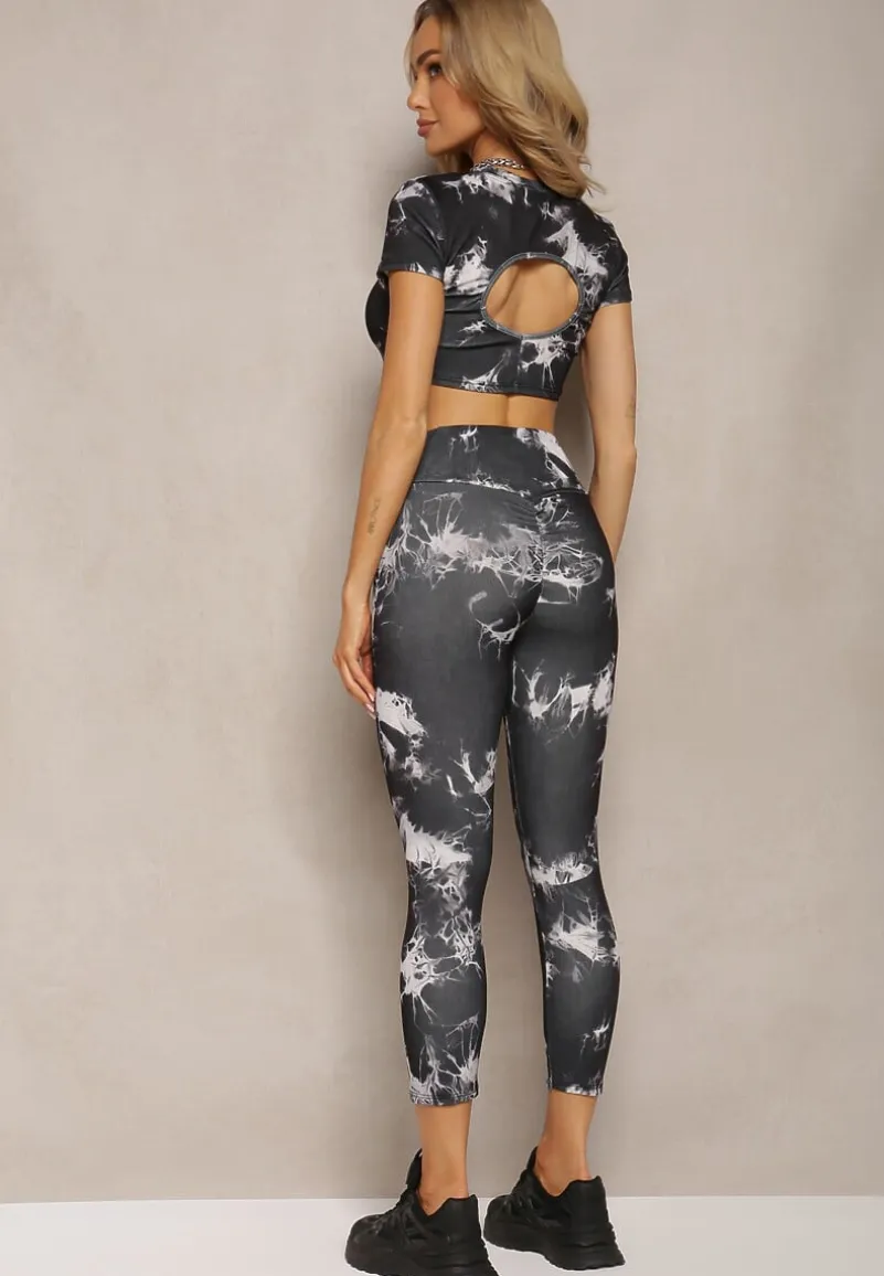 Czarny Komplet Sportowy z Printem Tie-Dye z Koszulą Cropped i Legginsami Davenia